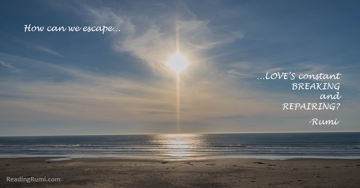 Rumi quote with sunset background over ocean