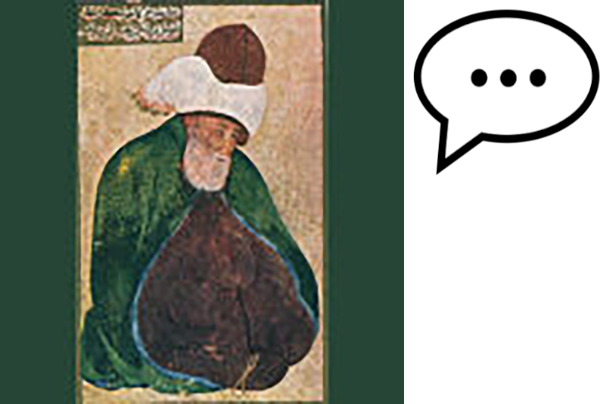 Graphic of Rumi with chat bubble icon.